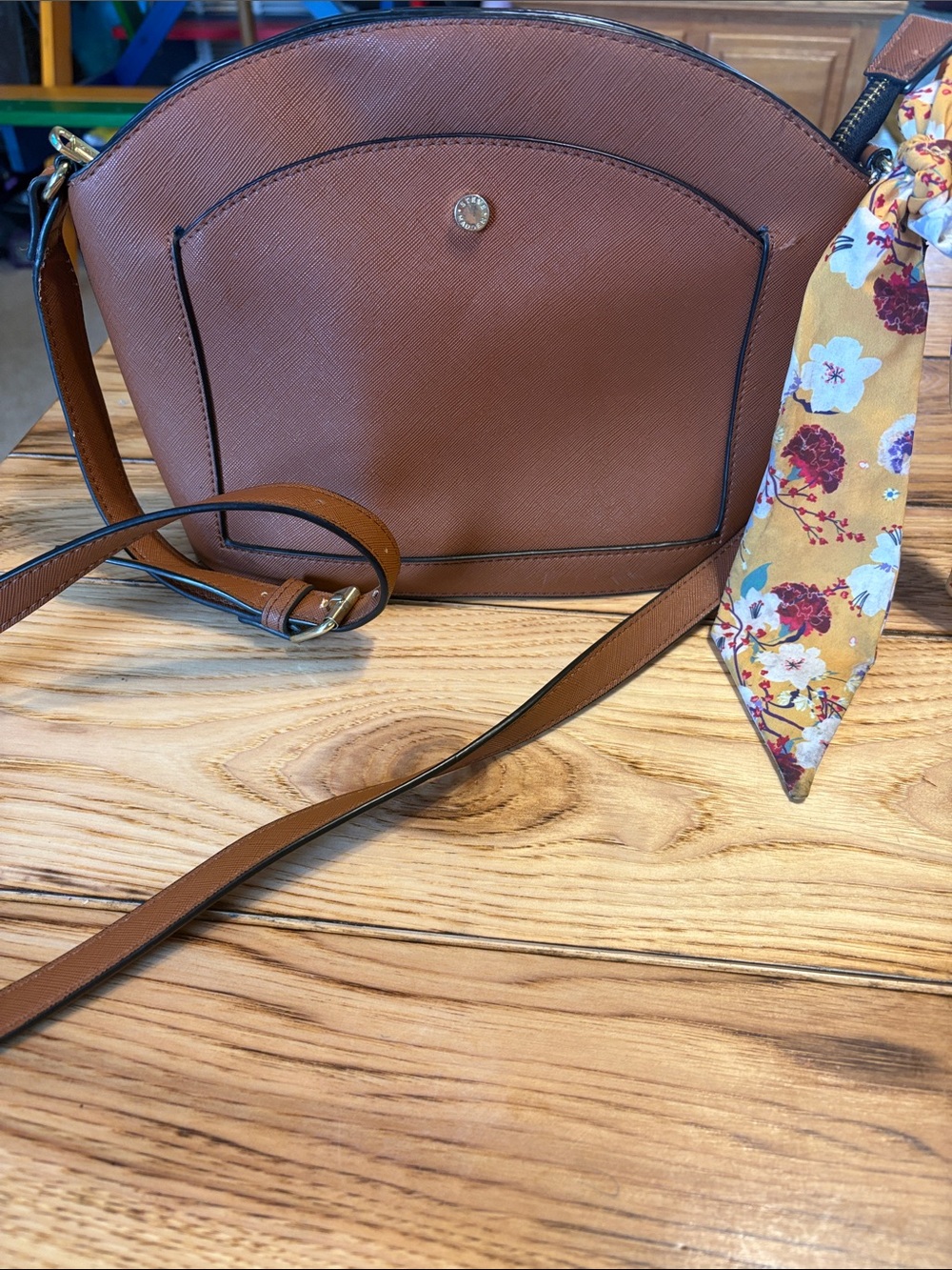 Steve Madden Tan Brown Crossbody Bag with Floral Scarf Accent